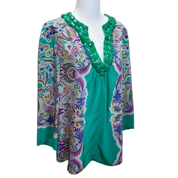 Tibi - Women’s Vintage Blouse, Paisley Silk Beading Tunic V-Neck - Green, Size 4 - Picture 5 of 16